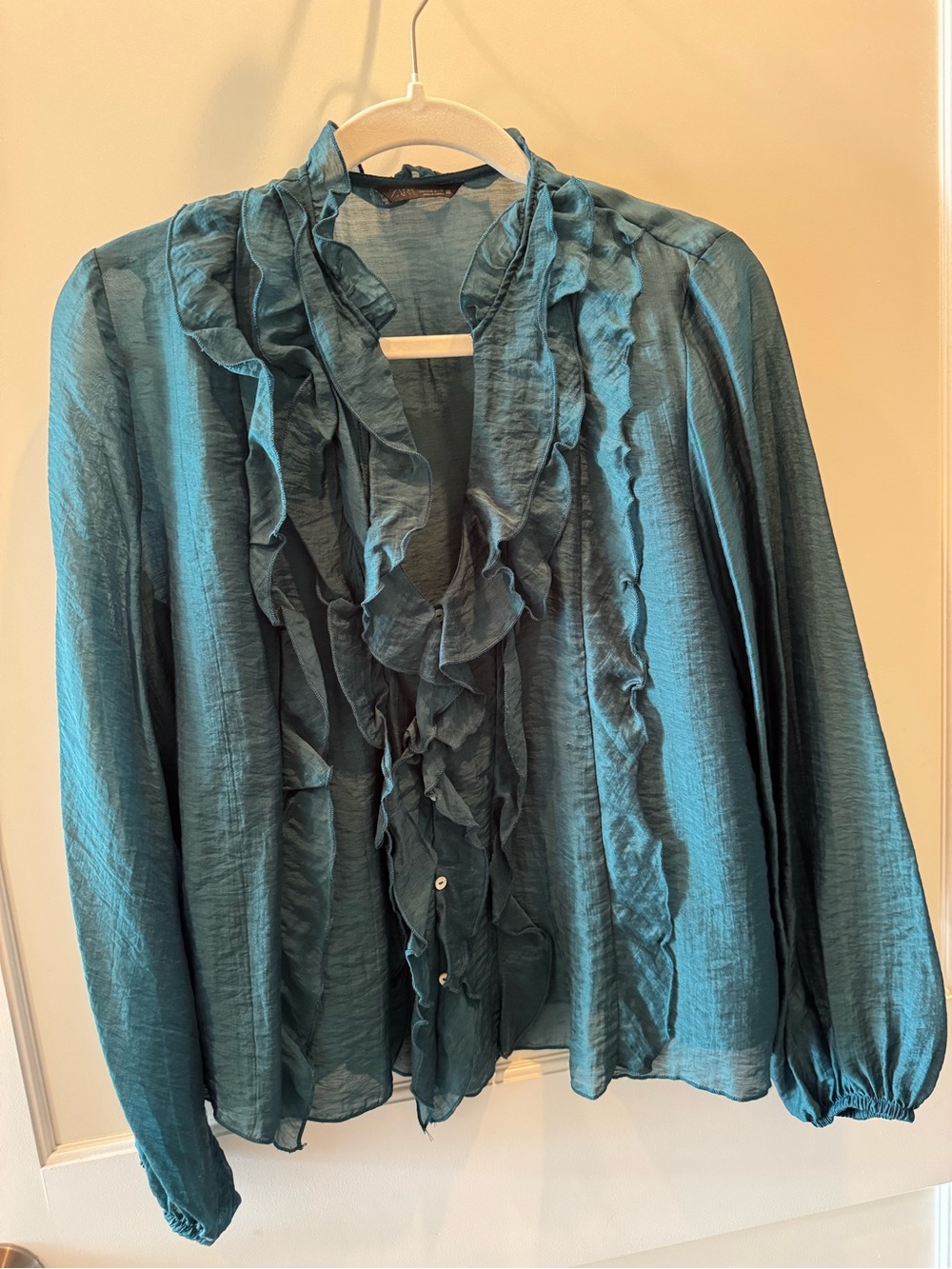 Zara | Ruffled Long-Sleeve Women’s Top in Teal | Size M